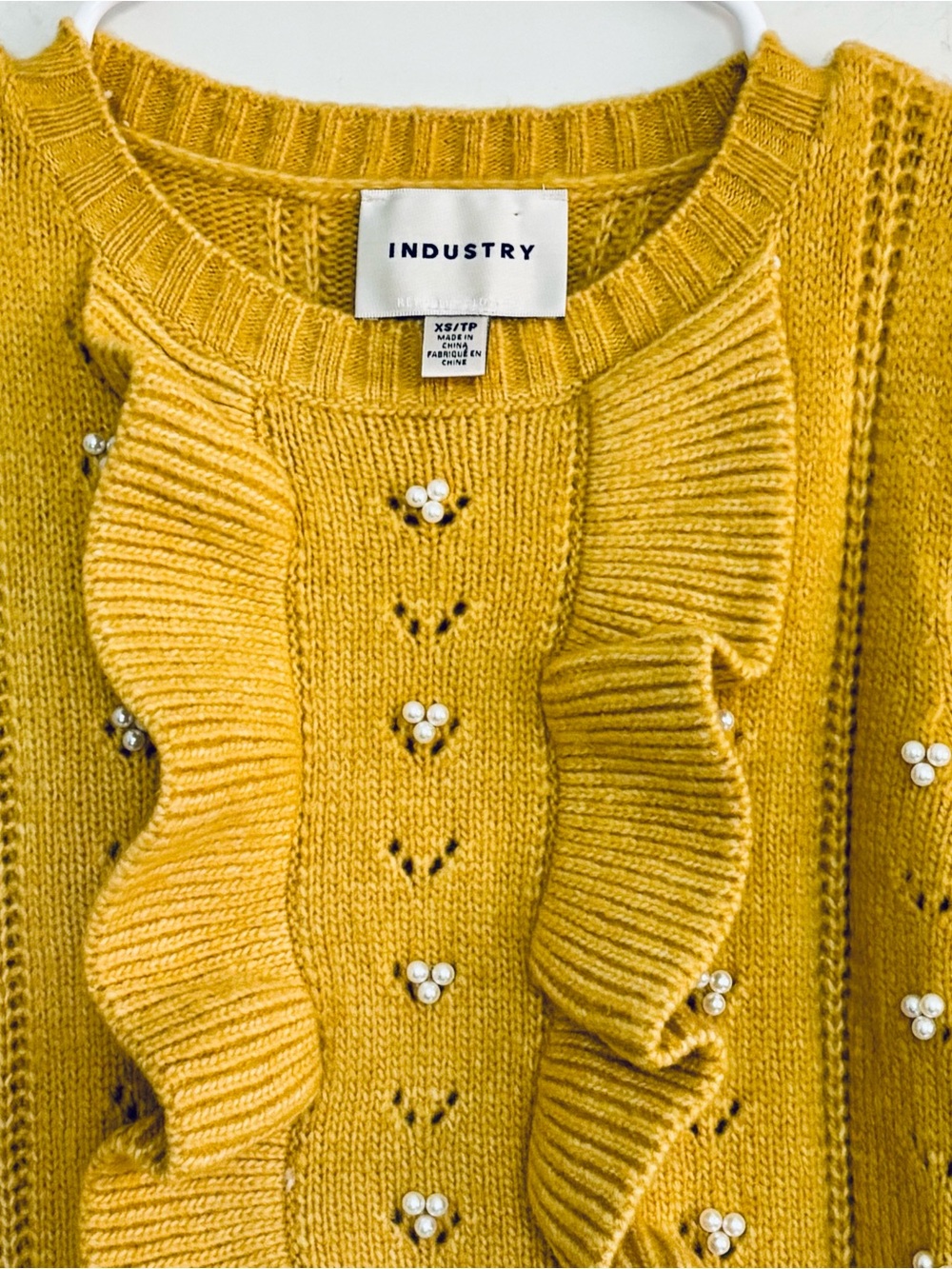 Anthropology Industry Gold Sweater w/Pearls & Ruffles